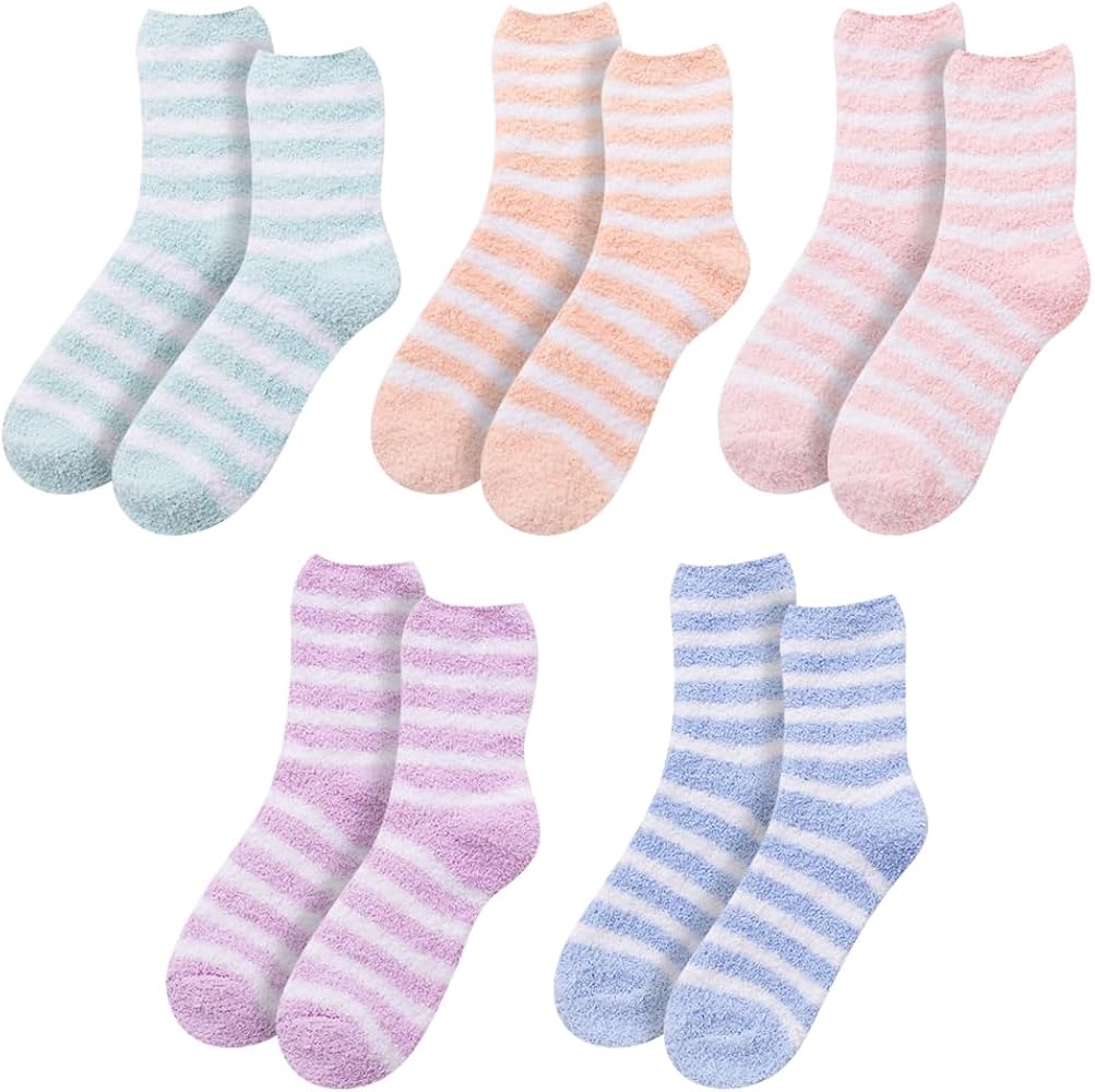 GSHLLO 5 Pairs Colorful Fluffy Striped Socks Cozy Warm Bed Socks Winter Home Slipper Socks Soft Fuzzy Sleeping Socks Thermal House Socks