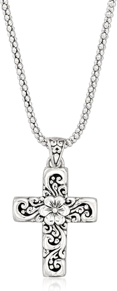Ross-Simons Sterling Silver Bali-Style Floral Cross Pendant Necklace. 18 inches