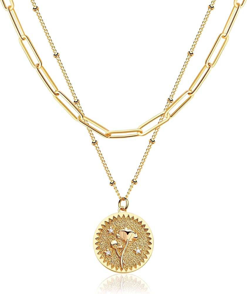 Valloey Rover Gold Layered Coin Necklace for Women Birth Flower Necklace 14K Gold Plated Dainty Carved Floral Pendant Necklace Personalized Engrave Double Layered Month Necklace for Birthday Jewelry