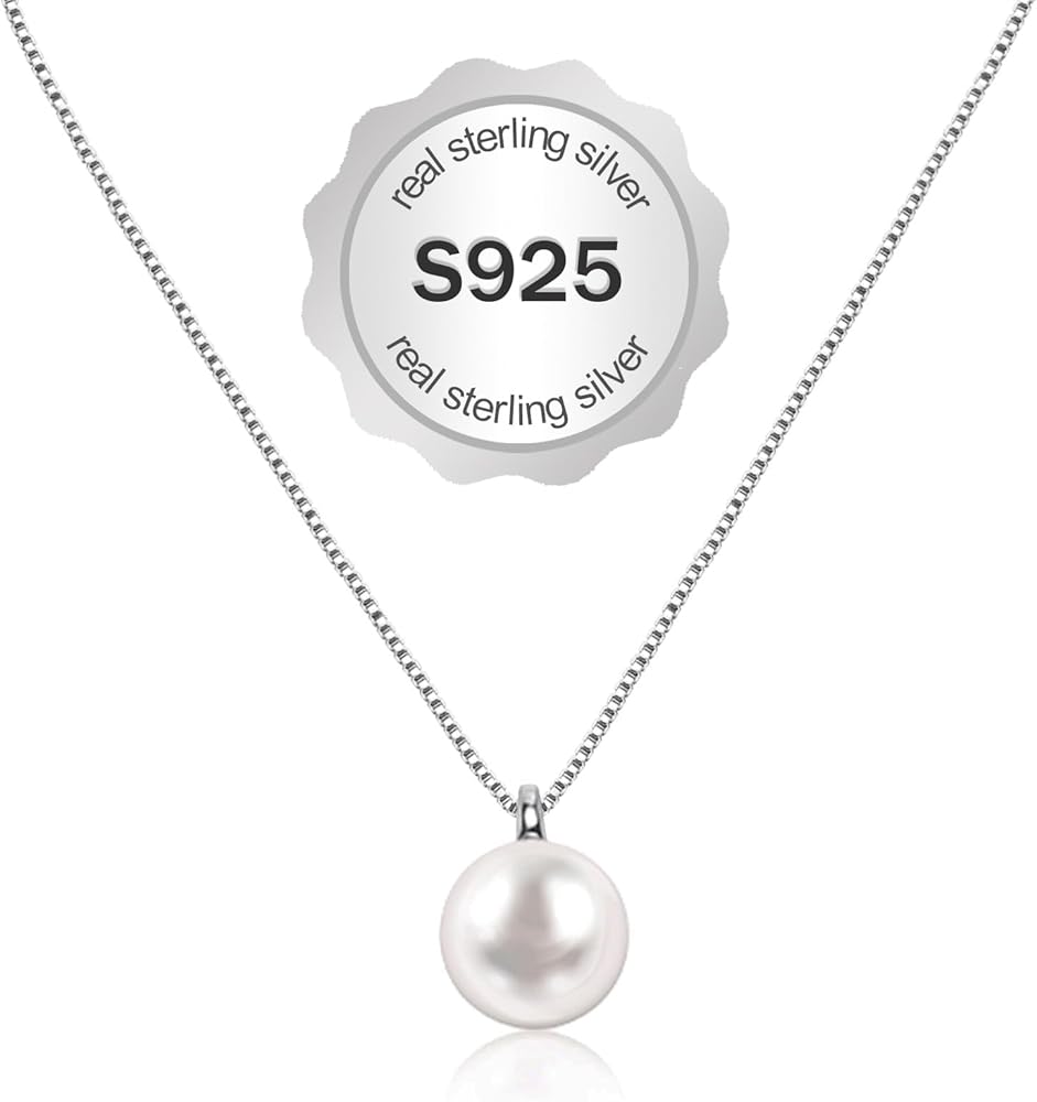 Sterling Silver Pearl Necklace for Women, S925 Single Freshwater Pearl Pendant Necklace Jewelry Gift, 925 Sterling Silver Dainty Simple Pearl Necklaces for Mom Grandma Mother Day Birthday Party