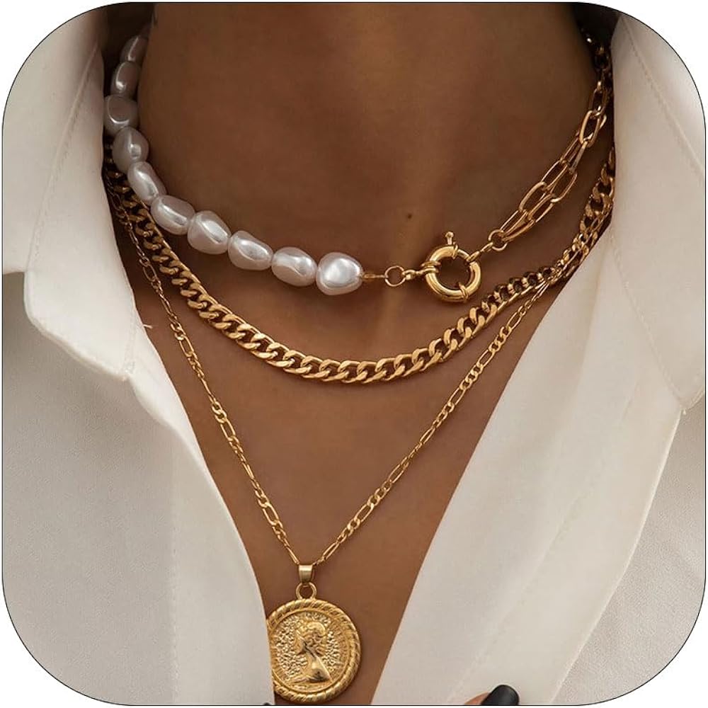 Gold Necklace Stack Boho Layered Necklaces for Women Trendy Pearl Necklaces Christmas Gifts Stocking Stuffers