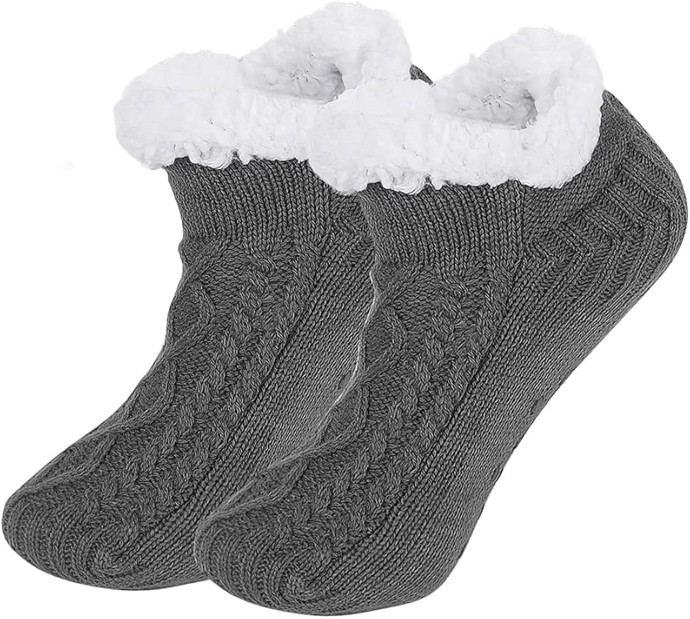SIQITECHNO Unisex Warm Slipper Socks Grip Slipper Socks Thick Fleece lined Fuzzy Sherpa Ankle Warm Socks for Women Men