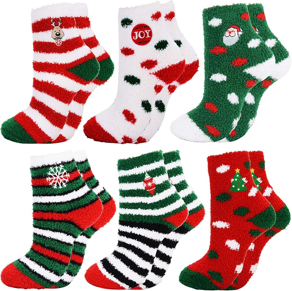 Christmas Fuzzy Socks 6 Pairs Cute Coral Fleece Warm Cozy Socks Holiday Slipper Socks XMAS Fluffy Crew Socks for Women GirlS