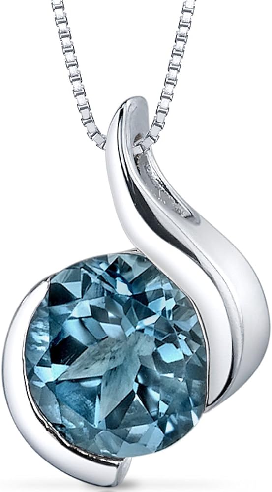 PEORA London Blue Topaz Open Bezel Wave Solitaire Pendant Necklace for Women 925 Sterling Silver, Natural Gemstone, 2.25 Carats Round Shape 8mm, with 18 inch Chain, December Birthstone Necklace