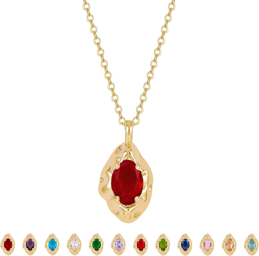 Birthstone Necklace for Women, Dainty 14K Gold Plated Oval Zircon Pendant Necklaces Simple Gold Necklaces for Women Birthday Gifts for Mom Wife