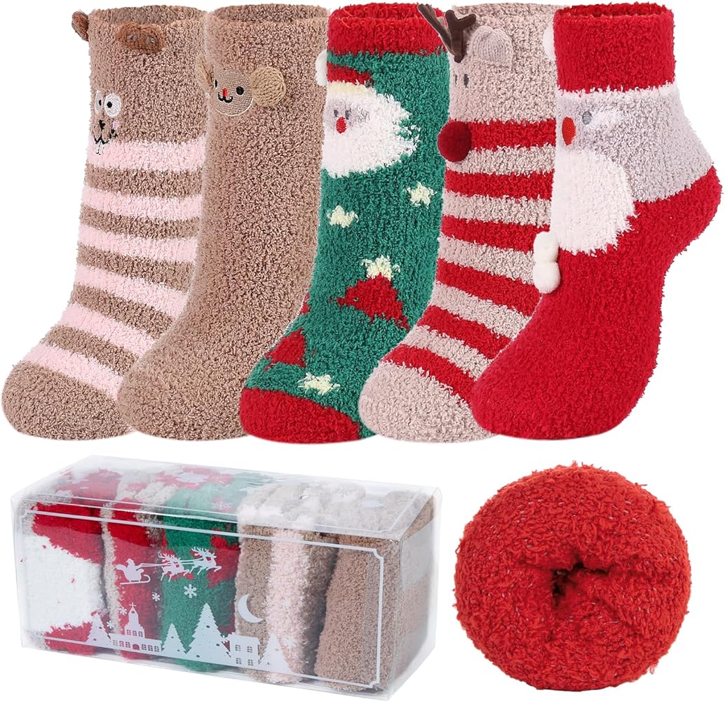 Christmas Socks Fuzzy Socks for Women Warm Fluffy Socks Winter Slipper Socks Soft Cozy Socks Plush Socks Christmas Gifts Presents 5 Pack