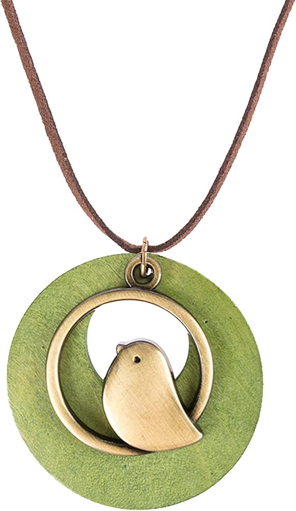 Boho Vintage Handmade Wood Pendant With Cute Charms Long Army Green Leather Necklace Sweater Chain for Women Long Necklace All-Match Style Gift Fashion