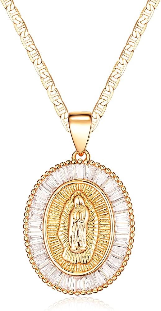 Barzel 18K Gold Plated Flat Mariner/Marina 060 3MM Chain Necklace With Cubic Zirconia Virgin Mary Guadalupe Charm Pendant
