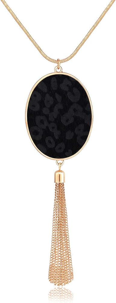 Long Necklaces for Women Statement Leopard Snakeskin Fur Pattern Necklace Oval Leather Pendant Necklaces Jewelry