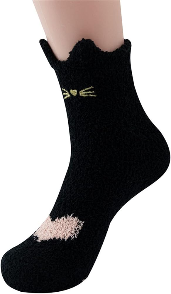 HELLORSO Womens Sicks Coral Fleece Socks Cat Mid Tube Warm Socks Cartoon Thickening Sleep Socks Warm Tights for Women