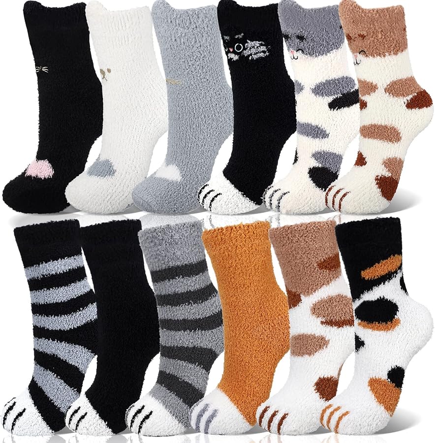 Bencailor 12 Pairs Women Fuzzy Socks Soft Fluffy Cute Cat Claw Cozy Slipper Socks Sleeping Warm Socks Christmas Gift for Women