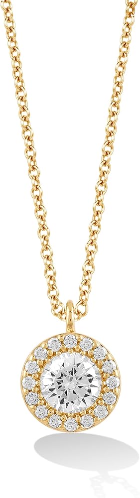 14K Gold or Platinum Plated Halo Solitaire Pendant Necklace for Women with Cubic Zirconia | 18" Cable Chain