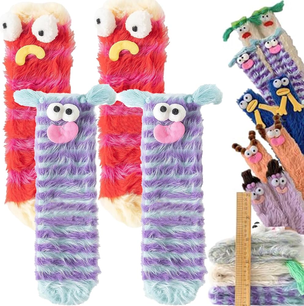 Winerpart Socks,Warm Cozy Fluffy Cartoon Monster Socks,Coral Velvet Three-Dimensional Quirky Socks,Ugly Cute Plush Socks