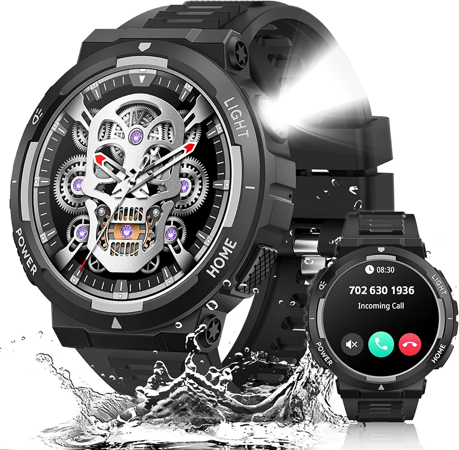 Military Smart Watch for Men with LED Flashlight(Answer/Make Calls) 1.53” Big Screen Rugged Smart Watch 3ATM Waterproof Tactical Smartwatch with 100+ Sports Modes Fitness Tracker Watch for iOS Android
