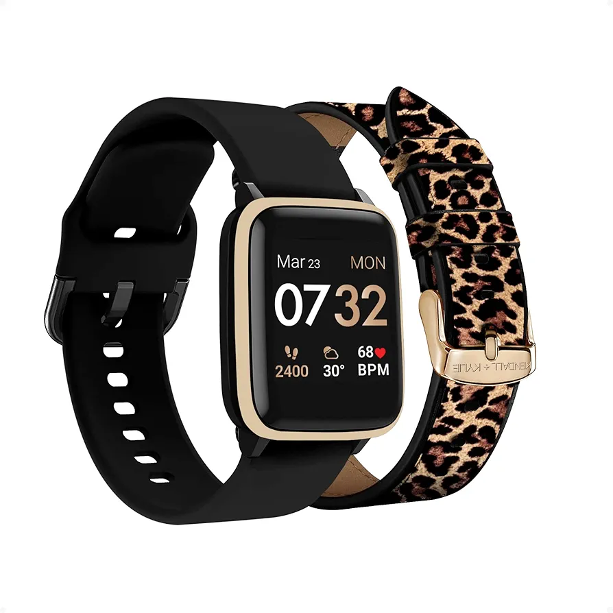 iTouch Kendall + Kylie Smartwatch iPhone and Android Compatible, Pedometer, Walking and Running Tracker for Women and Men (Gold Case and Black/Leopard Print Interchangeable Straps)
