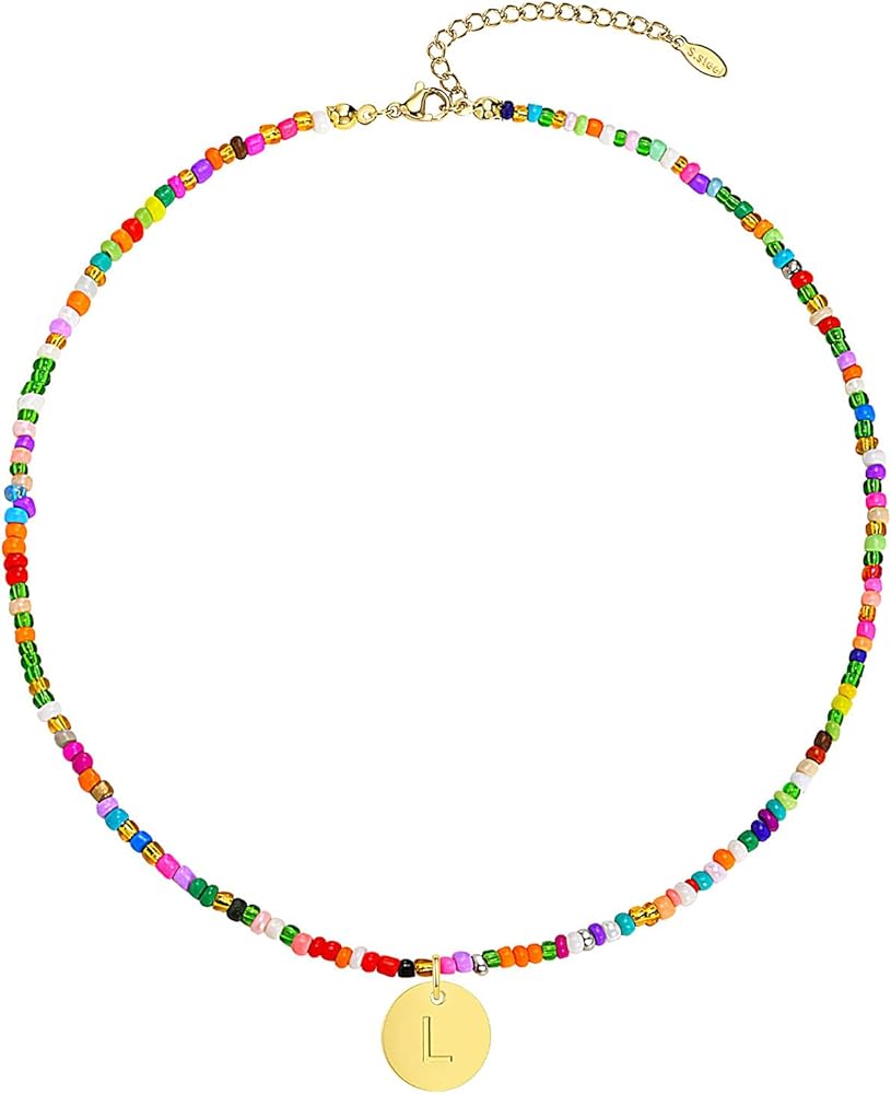 Colorful Beaded Initial Necklaces - Handmade Trendy Gold Beaded Choker Necklace, Letter Necklace Pendant Jewelry for Women Sister Friends,Graduation Christams Holiday Birthday Gift for Daughter Niece