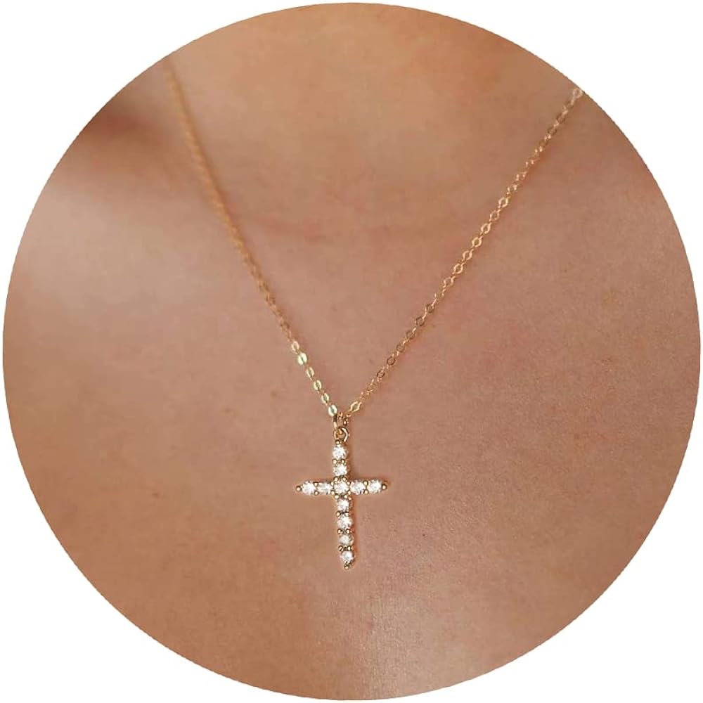 Tewiky Cross Necklace for Women-Dainty Simple 14k Gold Plated Cross Pendant Cute Diamond Necklaces for Women Gold Jewelry