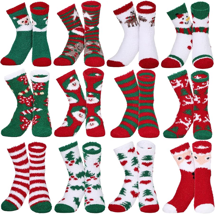 Haysandy 12 Pair Christmas Socks Fuzzy Funny Winter Warm Stretchy Novelty Colorful Holiday Crew Socks Bulk for Women Men