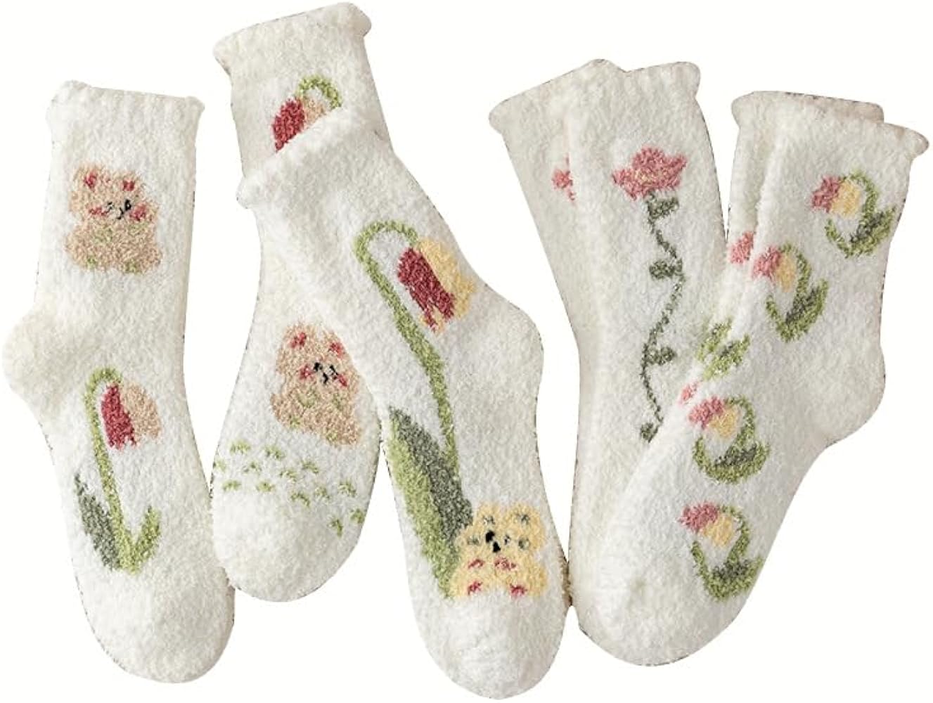 Kelabia 5 Pair White Cute Socks, Womens Floral Fuzzy Long Socks, Cottagecore Winter Fluffy Slipper Socks, Warm Ankle Socks