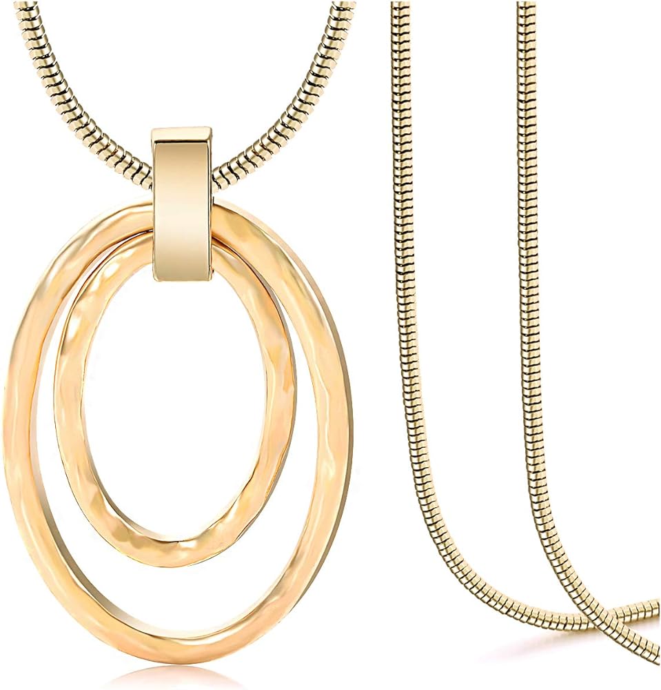 NVENF Long Sweater Chain Double Circle Pendant Necklace Bold Snake Chain Women Statement Necklace
