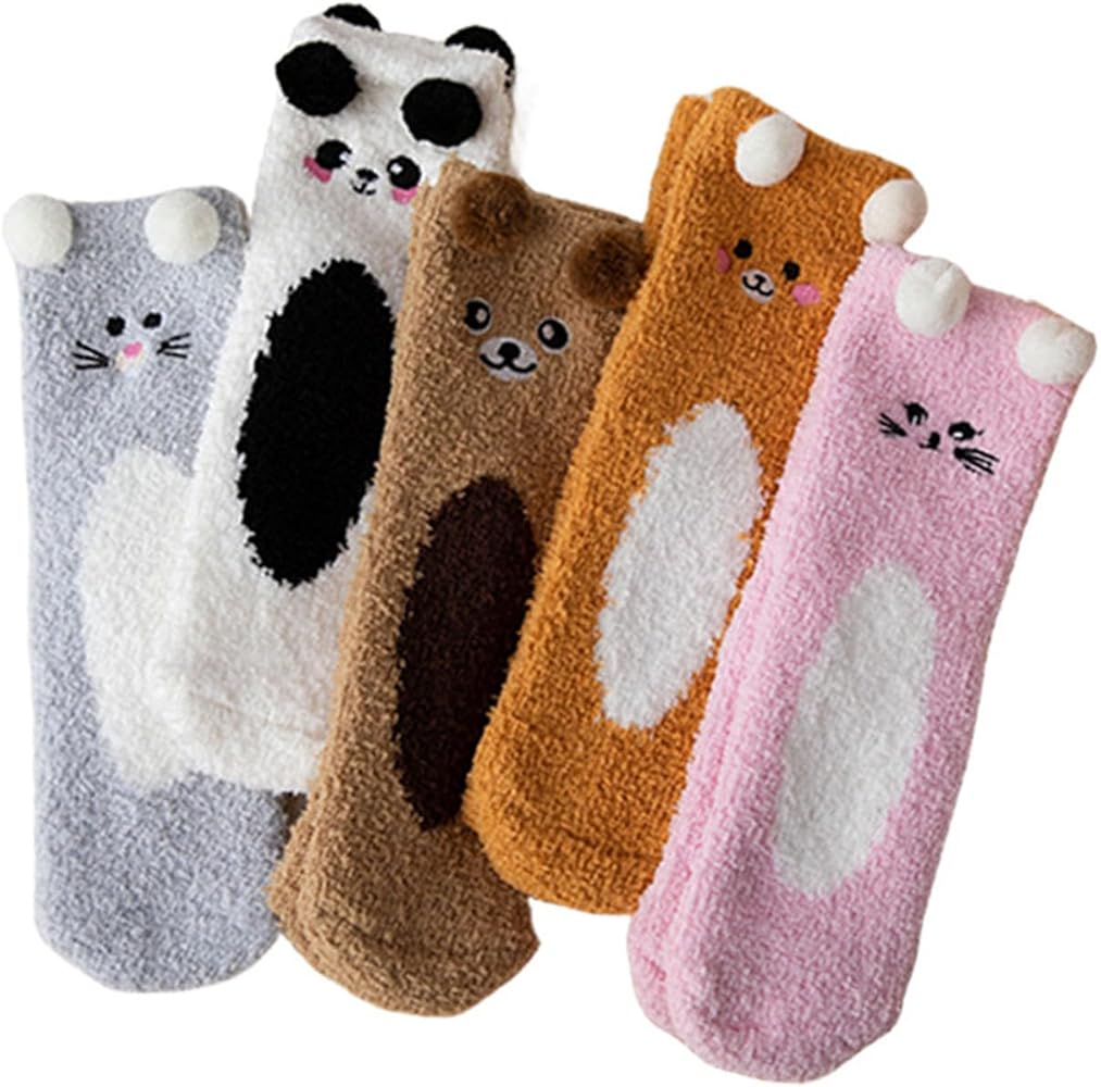 5Pairs Winter Fuzzy Socks for Women Girls Cozy Soft Warm Socks Casual Home Sleep Socks Cartoon Slipper Socks Gifts