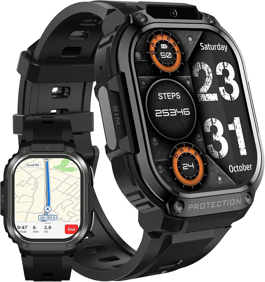 MIDDOW Smart Watch for Men (4G LTE + WiFi + GPS), 2.13" AMOLED Display, Independent SIM Card (Answer/Make Call), Fitness Tracker & Health Monitor, 16GB Storage 1000mAh, Compatible with iOS & Android