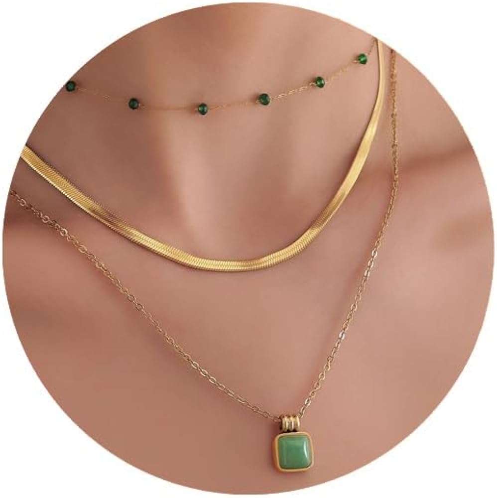 Layered Gold Necklace for Women, 18K Gold Plated Herringbone Necklace, Healing Crystal Pendant Necklace Gold Necklace Set, Gold Jewelry Gifts for Women