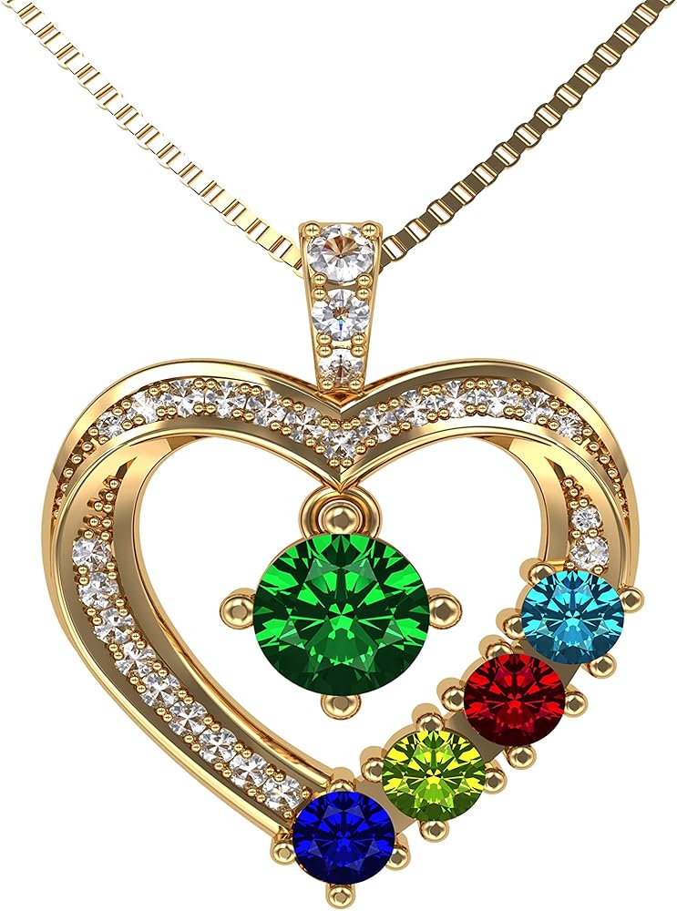 Central Diamond Center Mother & Child Heart Birthstone Necklace w/ 1-6 Simulated Gemstones in Sterling Silver, 10K, or 14K Gold
