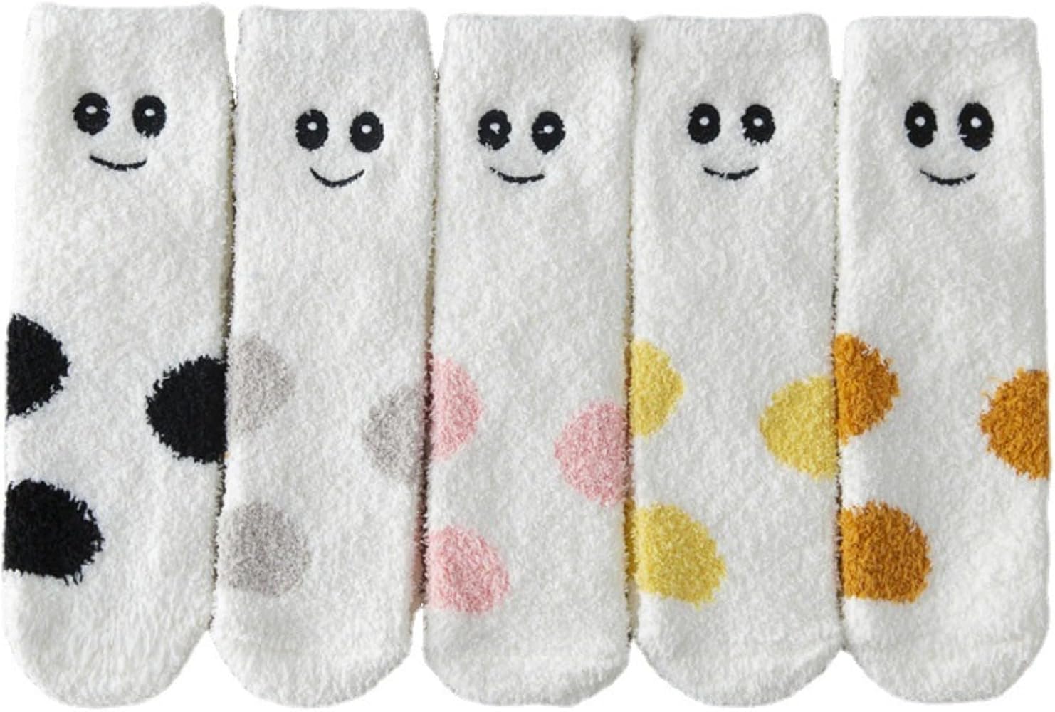 5 Pairs of Women's Coral Velvet Socks, Spring Fall Winter Thick Warm Cozy Fuzzy Socks, Cute Smiley Face Sleeping Socks