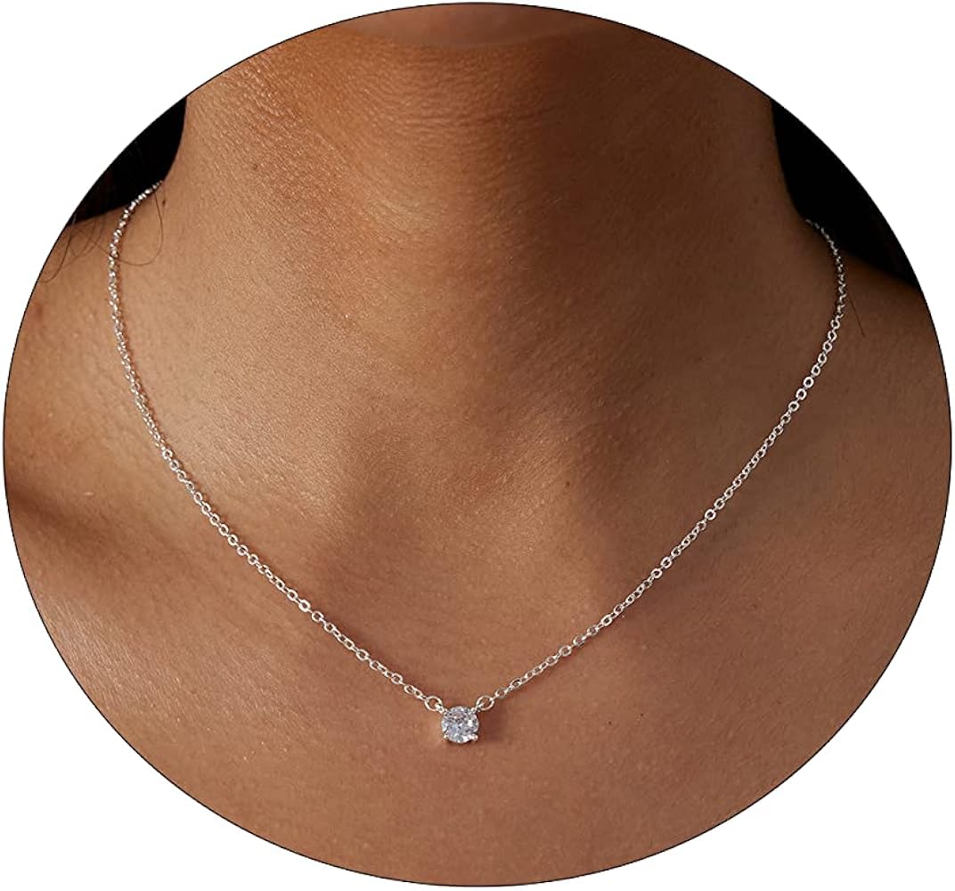 ASCOMY Dainty CZ Diamond Solitaire Pendant Necklaces for Women 14K Gold Plated Single Round Cubic Zirconia Square Simulated Diamond Choker Necklace Bride Bridesmaid Weeding Jewelry Gifts