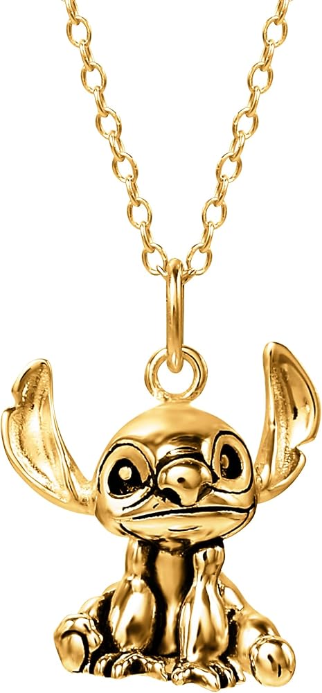 Disney Womens Stitch 3D Pendant Necklace 18" -18kt Yellow Gold Flash-Plated Sterling Silver Stitch Necklace Official License