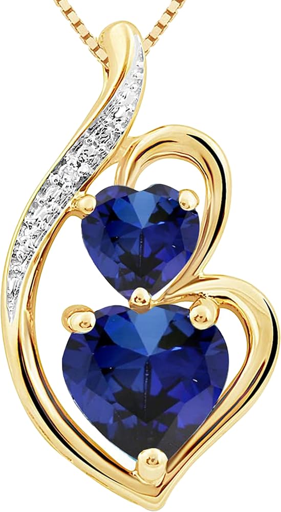 Lab Created Blue Sapphire Heart Necklace Diamond Accent in Sterling Silver or 14kt Yellow Gold Plated Silver - 18 Inch Chain