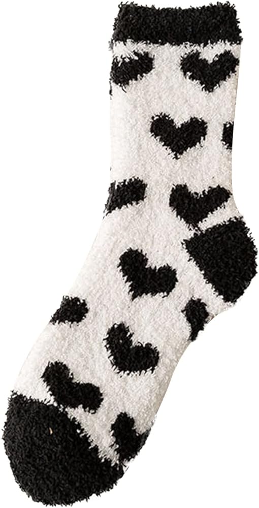 Cute Cow Fuzzy Socks Women Warm Winter Slipper Socks Soft Casual Socks Cozy Fluffy Socks Sleeping Crew Socks