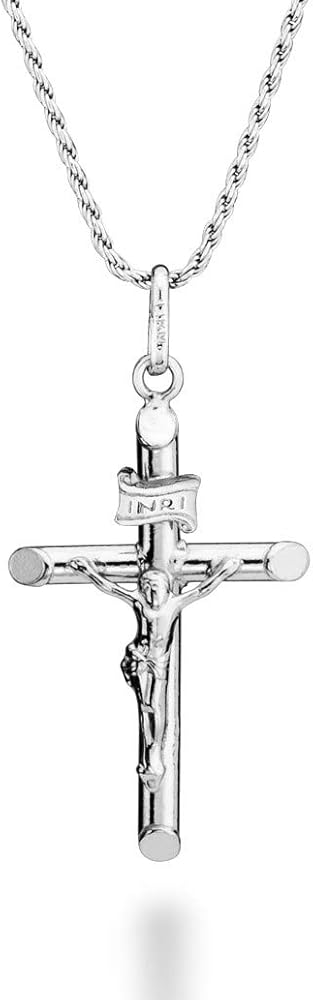 Miabella Rhodium Plated 925 Sterling Silver Small or Large Crucifix Necklace for Men Women, Cross Pendant with Rope Chain, Made in Italy