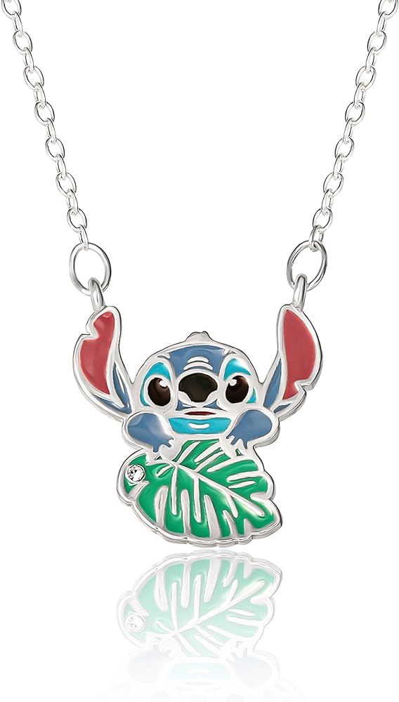 Disney Stitch Necklace for Women 16"+2" Official License, Silver Flash Plated Leaf Stitch Pendant Necklace