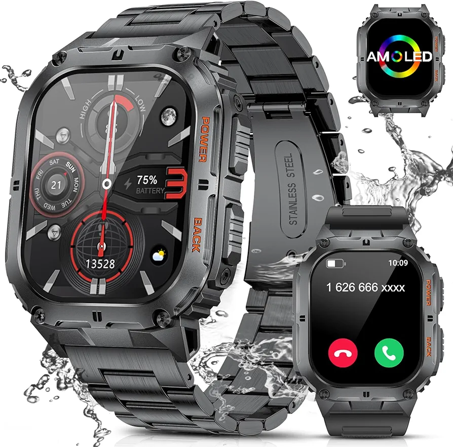 LIGE Military Smart Watch for Men,1.95" AMOLED Screen Always on Smart Watches with 100+ Sport Modes,Heart Rate Tracker, AI Voice/400mAh, Smartwatch for Android iOS Black