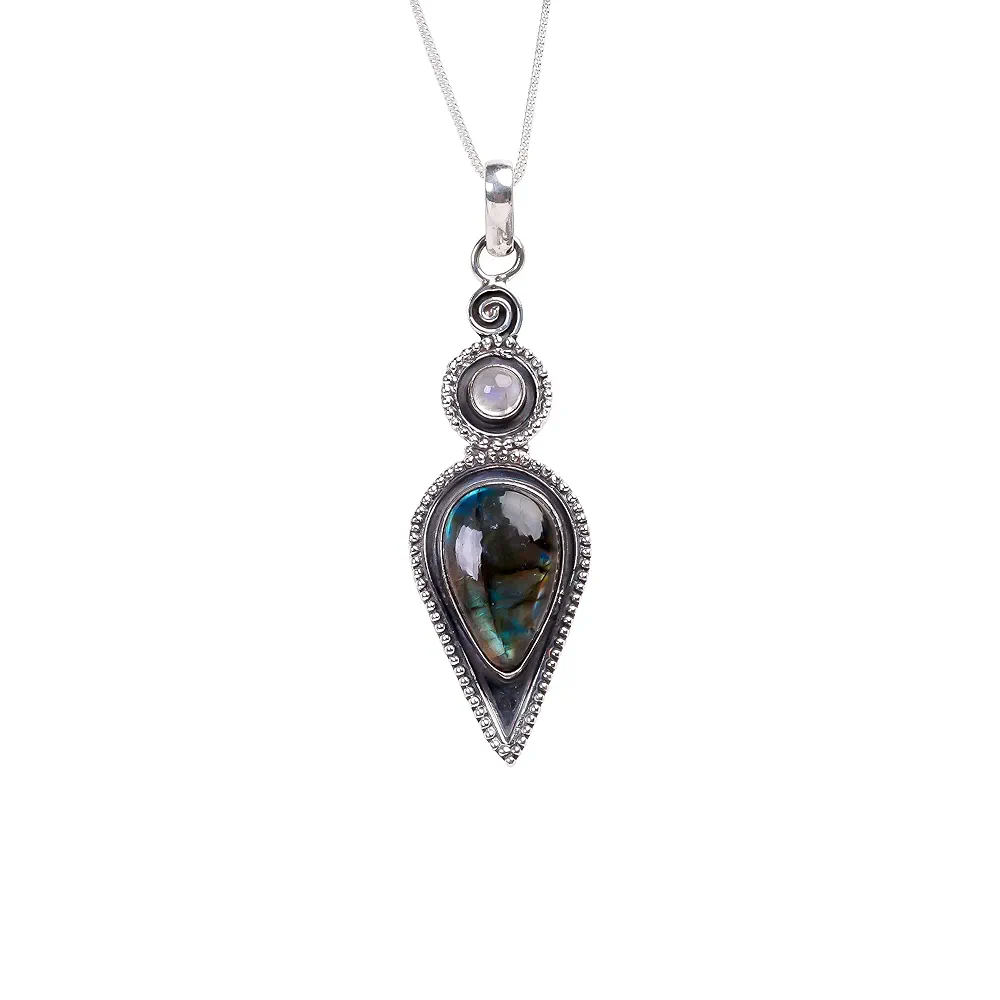 925 Sterling Silver Bohemian Pendant Necklace for Women with Pear And Round Moon-Labradorite Gemstone