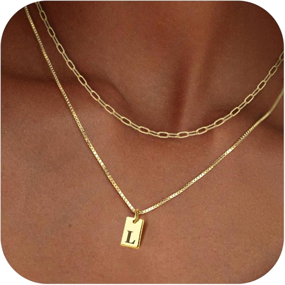 Layered Gold Initial Necklaces for Women Non Tarnish,14K Gold Stack Dainty Square Letter Pendant Necklace Waterproof A-Z Trendy Thin Chain Name Necklace Personalized Jewelry Gifts