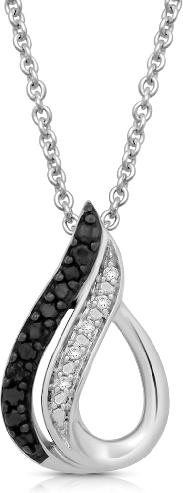 Jewelili Drop Shape Necklace Pendant with Black and White Round Diamonds in Sterling Silver with 18 inch Rolo Chain