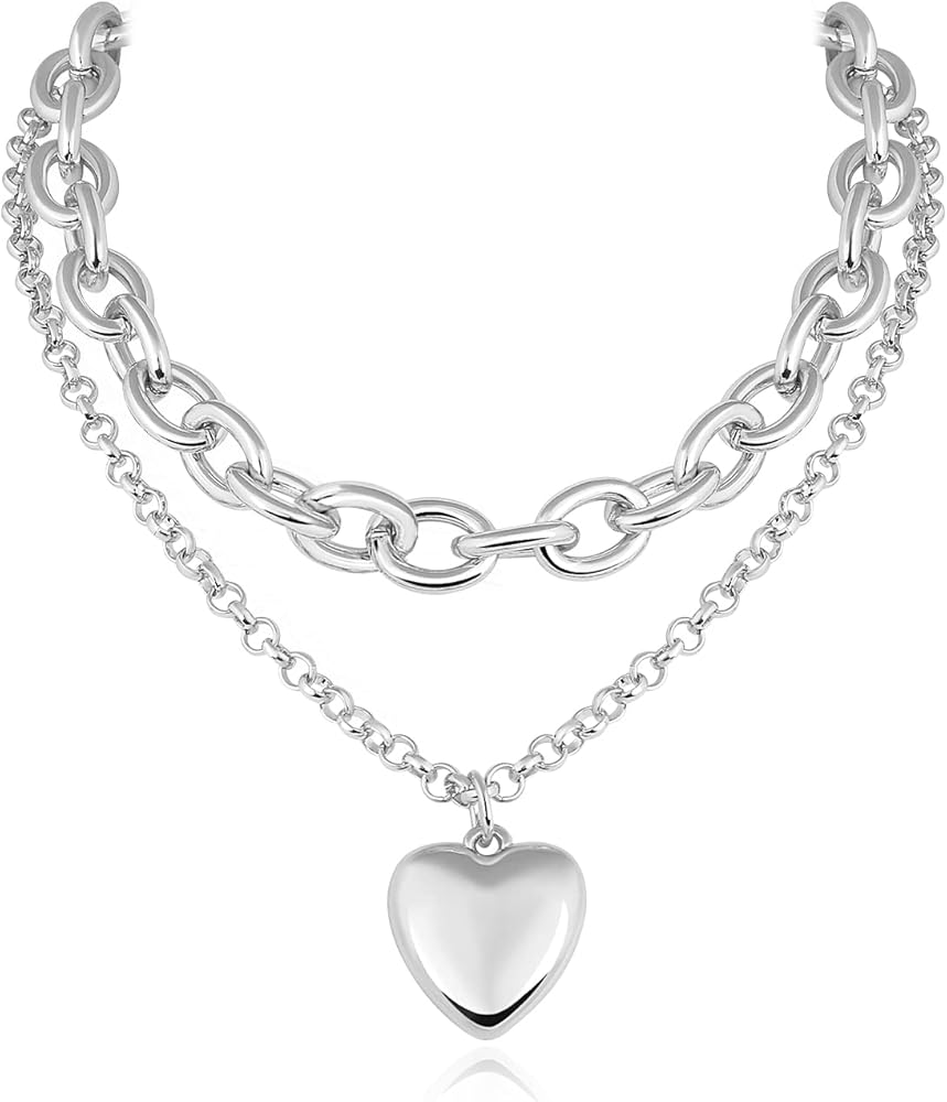 Chunky Gold Necklace Heart Pendant - 14k Gold Plated - Thick Chain - Multilayer Long Necklace for Women