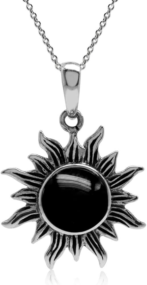 Silvershake 8mm Cabochon Gemstone 925 Sterling Silver Sun Ray Inspired Pendant with 18 Inch Chain Necklace