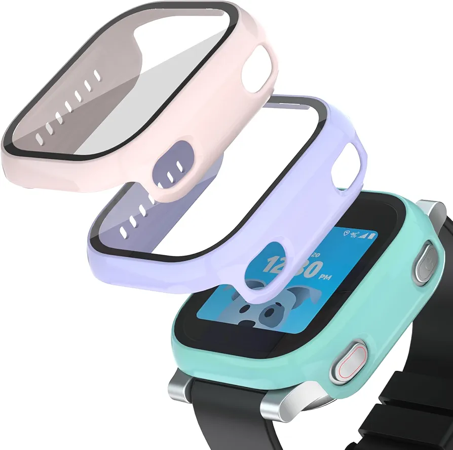 Compatible with AT&T amiGO Jr Watch Screen Protector, 2Pack Hard PC and Tempered Glass Case Cover for amiGo Kids Smartwatch Accessories, Anti-Scratch and Touch Sensitive (Teal+Purple+Pink)