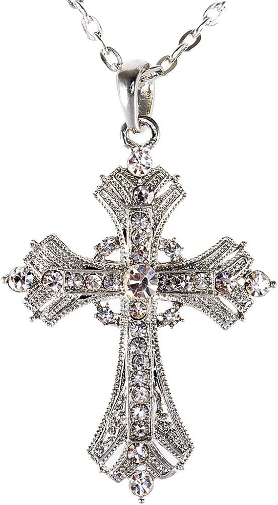 Alilang Silvery Tone Religious Cross Pendant Necklace w/Aquamarine Blue Or Clear Crystal Rhinestones