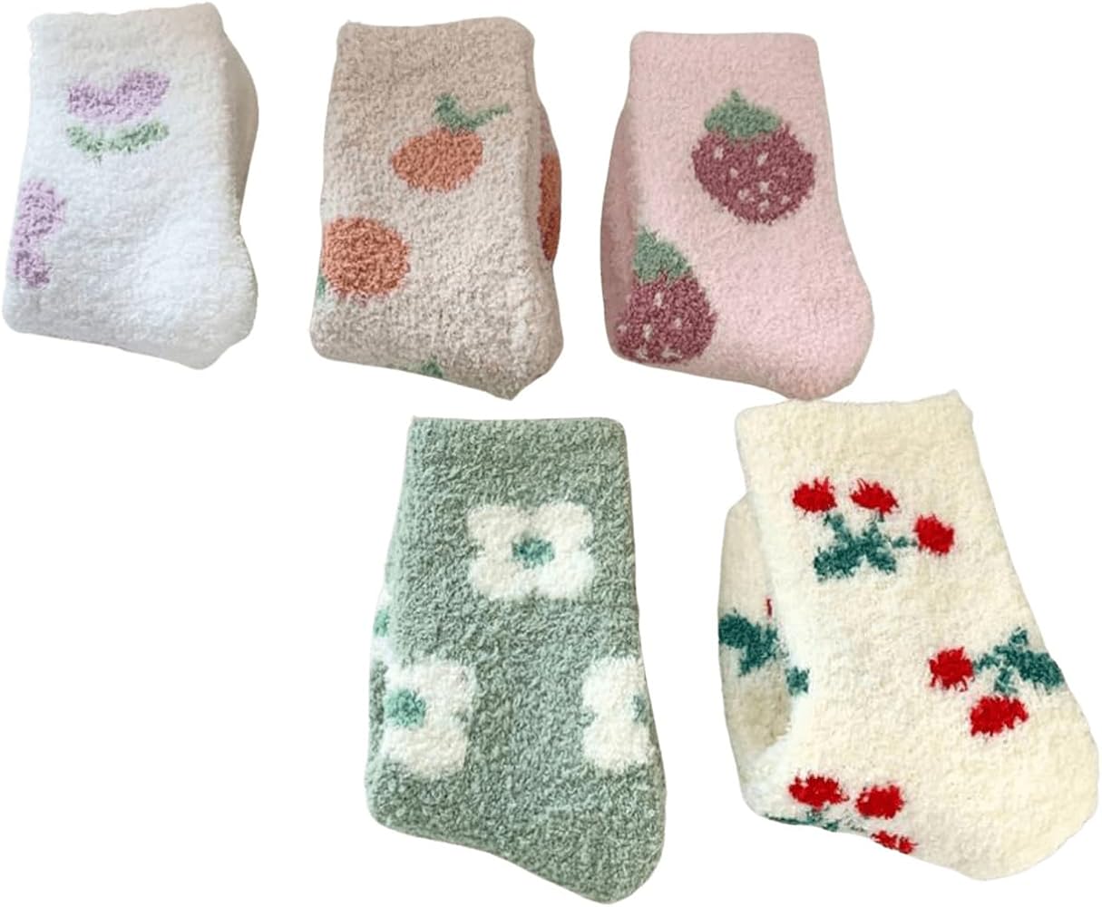 WDIRARA Women's 5 Pairs Cherry Fruit Fuzzy Socks Winter Warm Slipper Socks Cozy Home Sleeping Socks