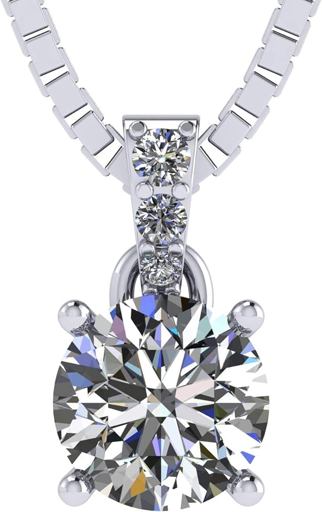 4 Prong Round Solitaire Simulated Diamond Necklace in Solid Sterling Silver with Pure Brilliance Zirconia