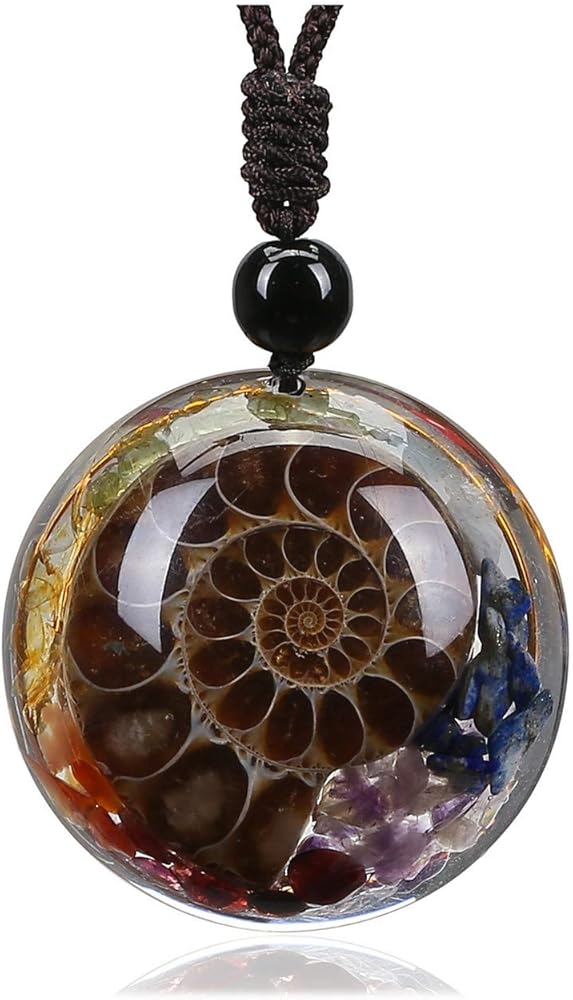 Jovivi 7 Chakra Gemstone Reki Healing Crystal Necklace Round Circle Shape Ammonite Fossil Resin Chip Stones Pendant Necklace for Women Men Life Tree Jewelry Christmas Gifts