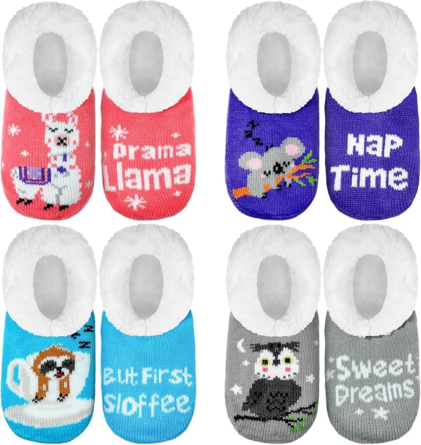 4 Pairs Winter Fuzzy Slippers for Women Non Slip Animal Slipper Socks with Grippers Cozy Sherpa Slippers for Indoor
