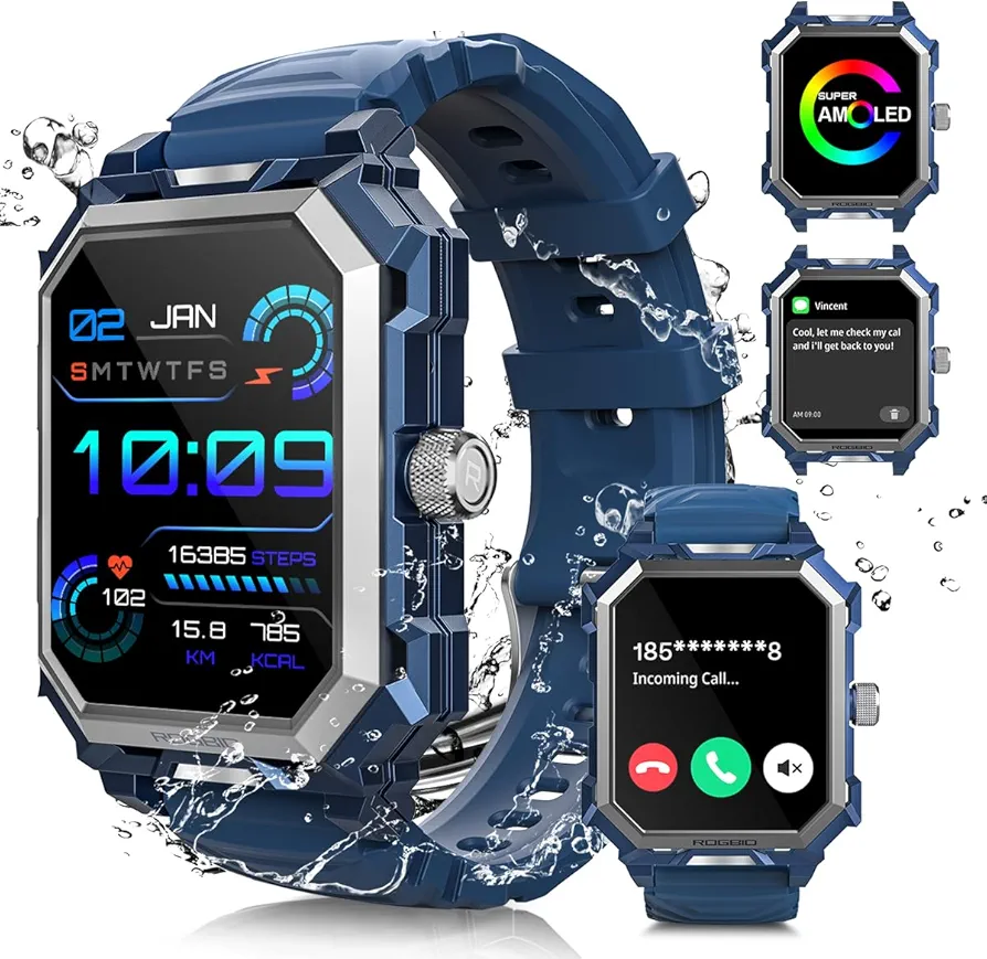 Indestructible Smart Watch for Men (Make/Answer Call) 100 Days Battery IP68 Waterproof Fitness Activity Tracker Watch Blood Pressure Heart rate Sleep Monitor Military Smartwatch for android iOS Phones