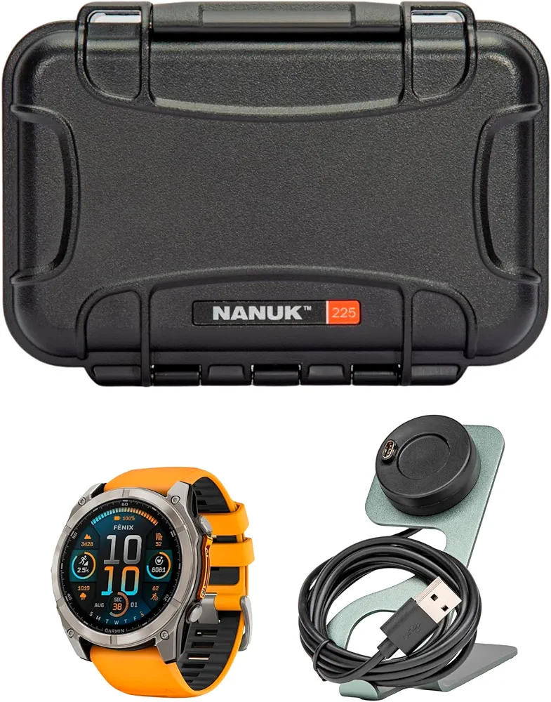 Garmin Fenix 8 Sapphire 51mm GPS Smartwatch with 1.4-Inch AMOLED Display (Spark Orange and Graphite) Bundle with Waterproof Hard Case (Black) and Focus Camera Portable Charger Stand (3 Items)