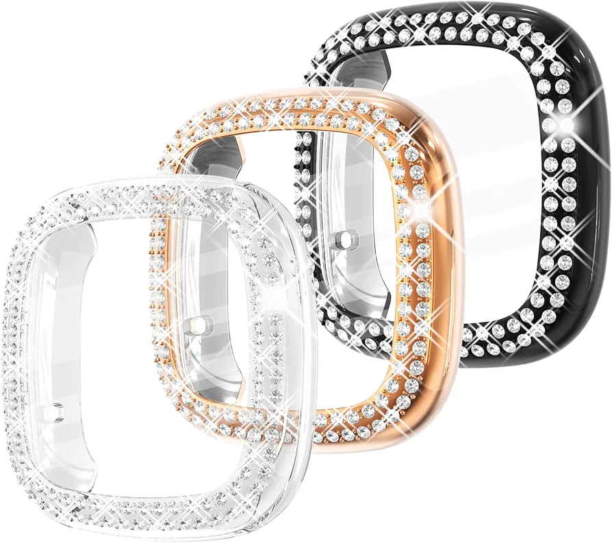 Fullife 3-Pack TPU Bumper for Fitbit Versa 3 Screen Protector, Crystal Diamond Bling Case HD Full Protective Cover for Men Women, Fitbit Versa 3/Fitbit Sense Smartwatch, Black/Rose Gold/Clear